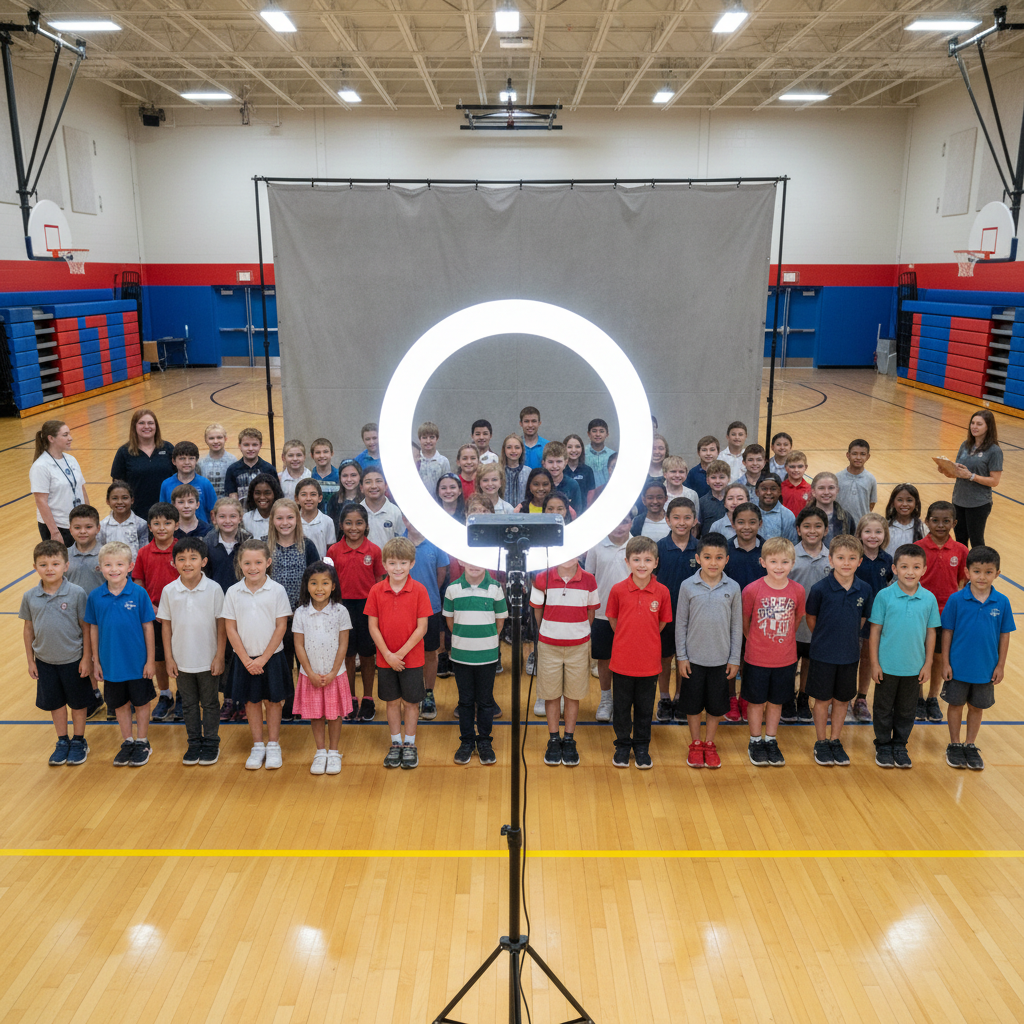 Students lined up in gymnasium for school picture day with ring light photography setup