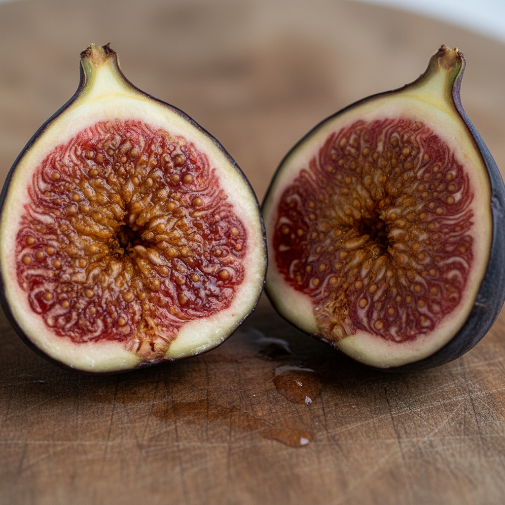 Cross-section of a Black Mission fig showing deep crimson flesh with honey-colored center and small seeds