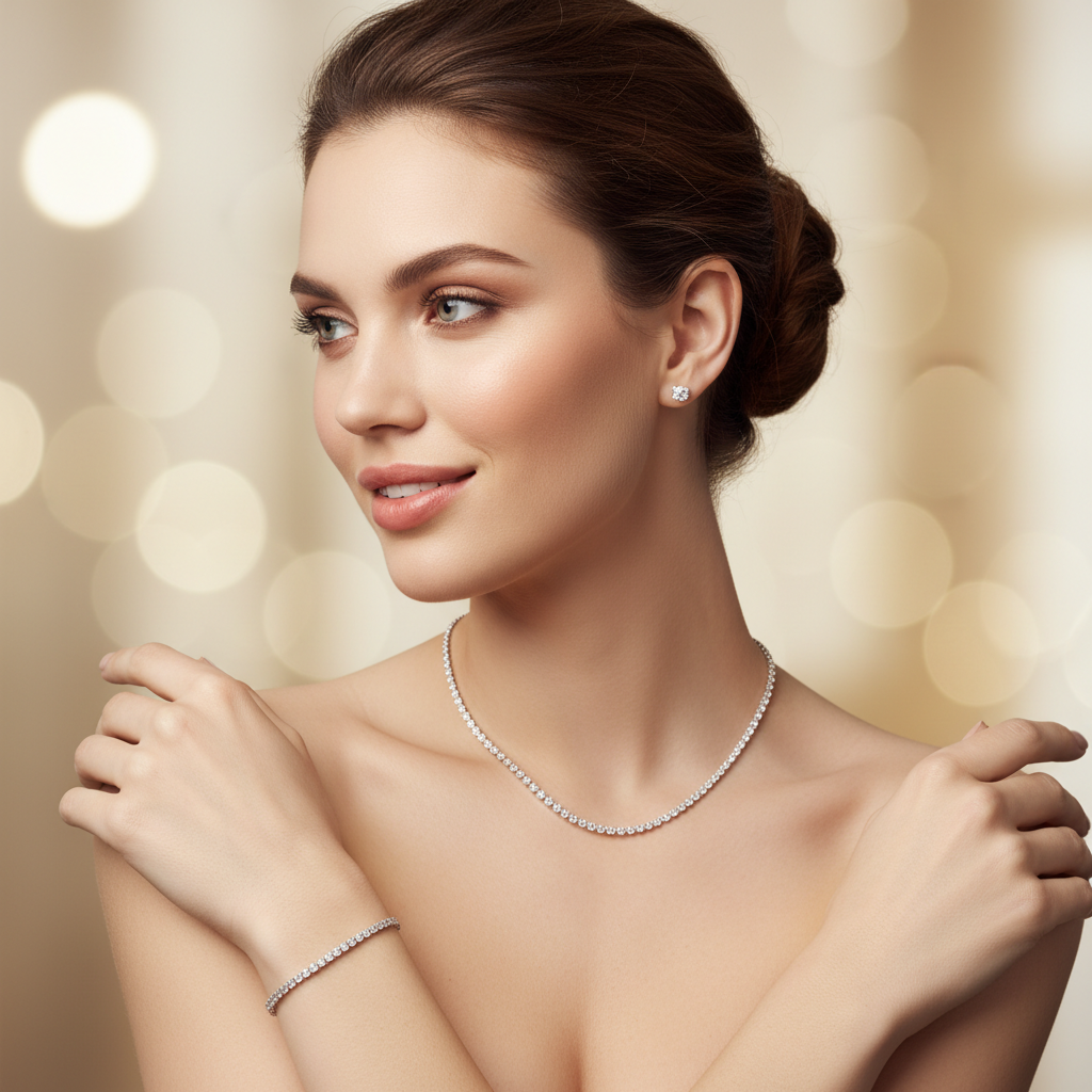 European model wearing minimal diamond jewelry — DETARA editorial