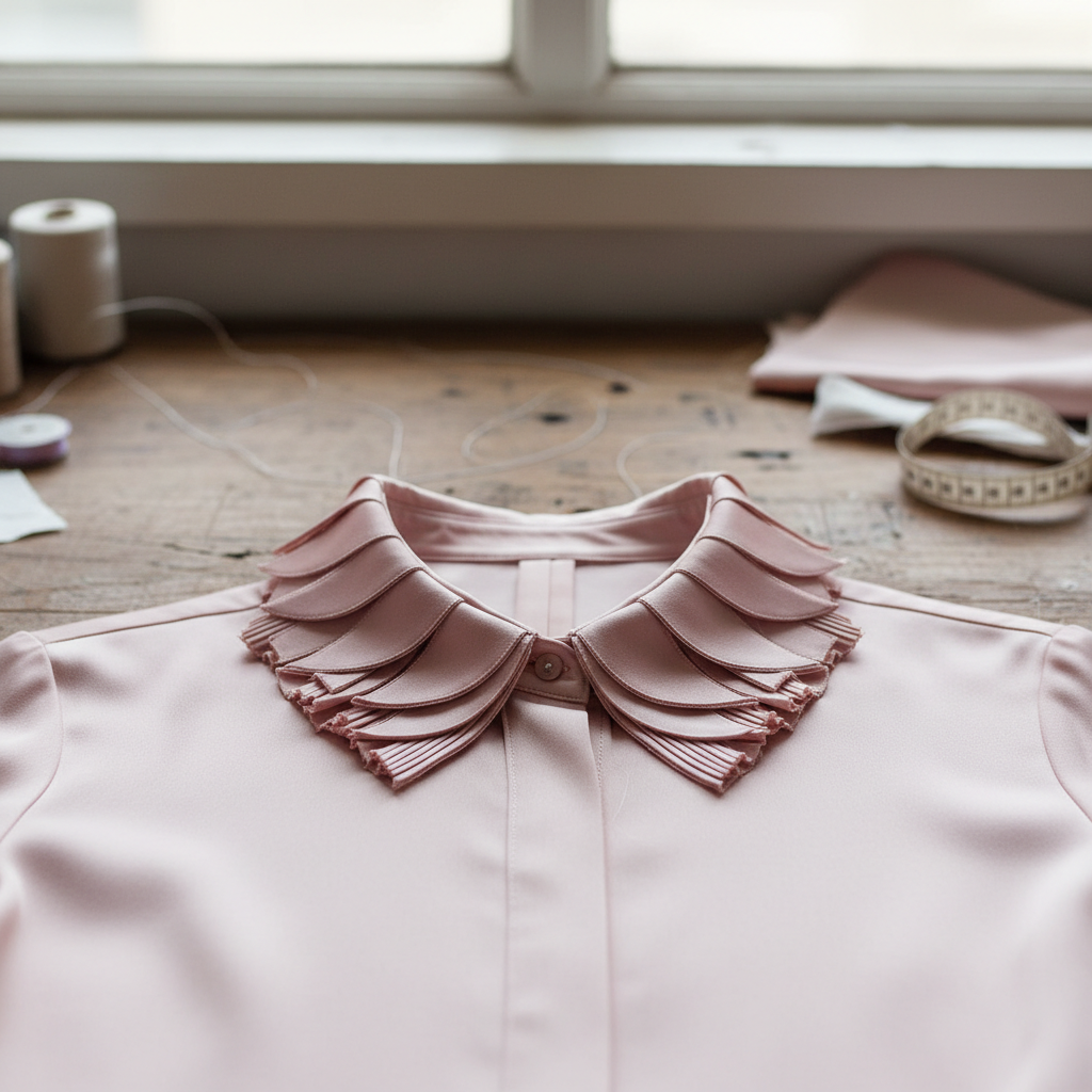 Silk blouse with collar rework detail on tailor bench
