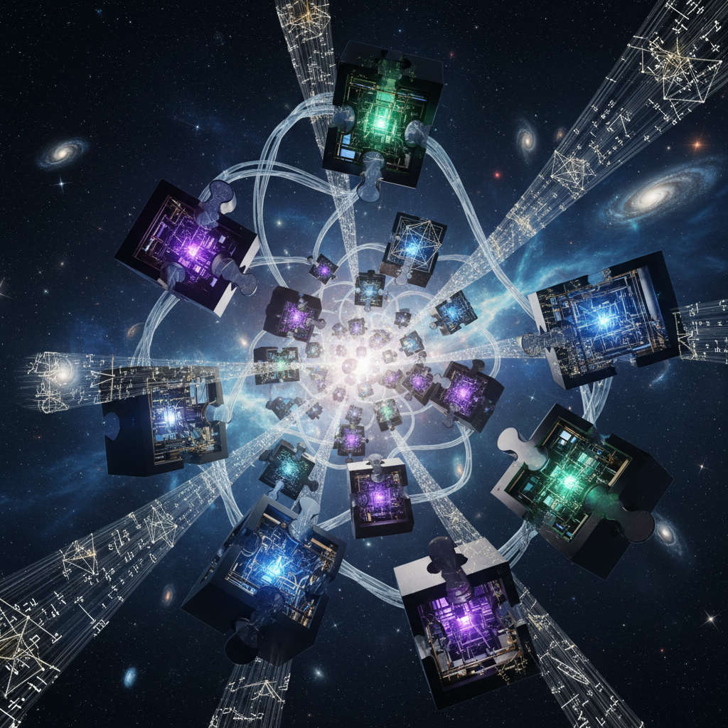 Floating glowing puzzle pieces assembling in mid-air with magic light