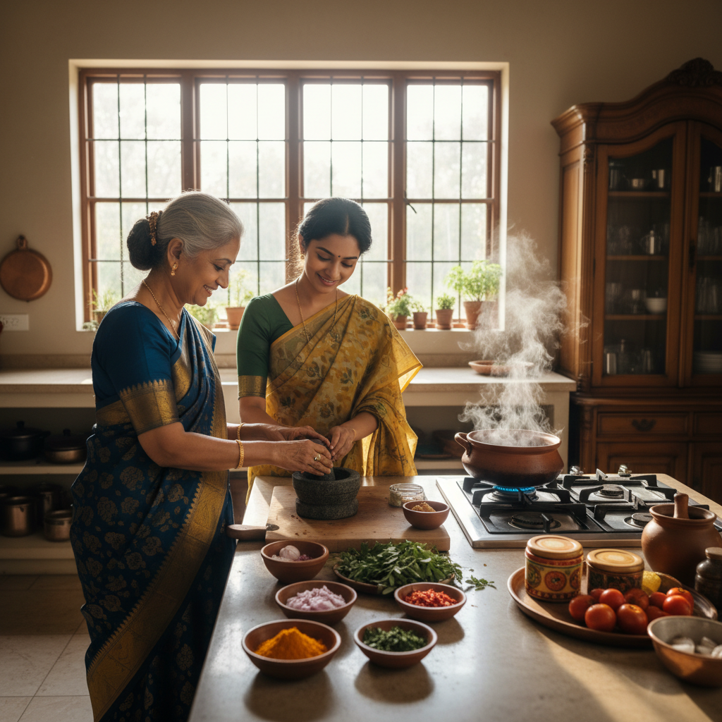 Female cook preparing South Indian food in modern kitchen