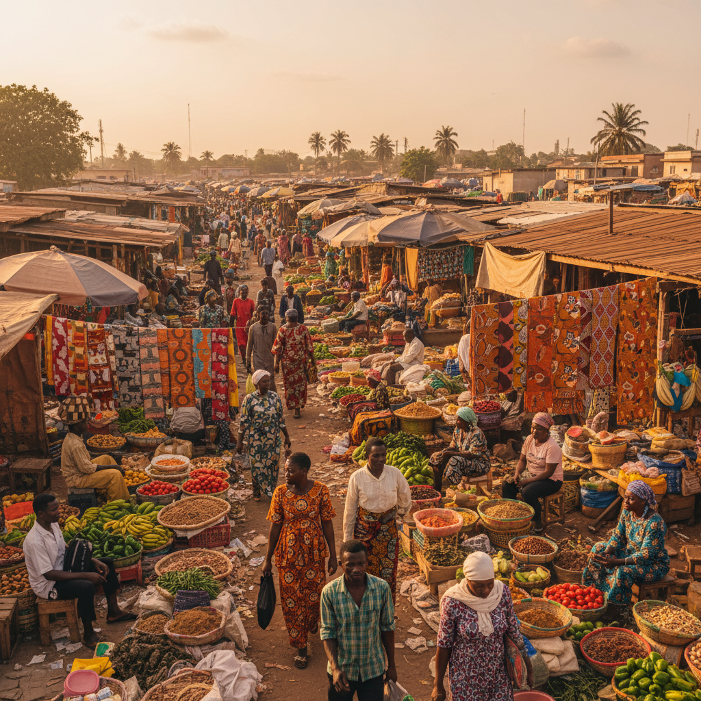 African market trader woman in Lagos market, colorful fabrics, busy informal economy, bright daylight