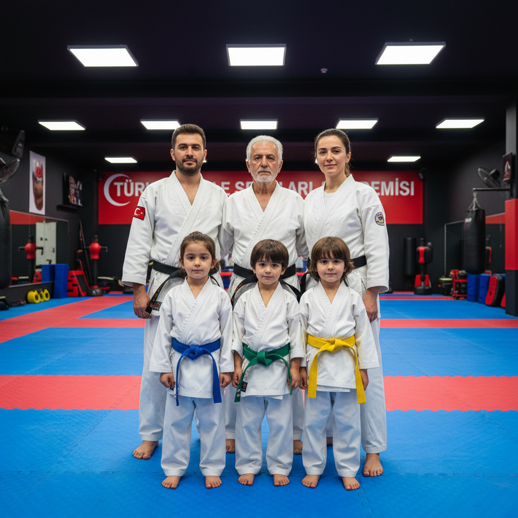 Turkish family of three generations in martial arts uniforms standing together proudly in training facility