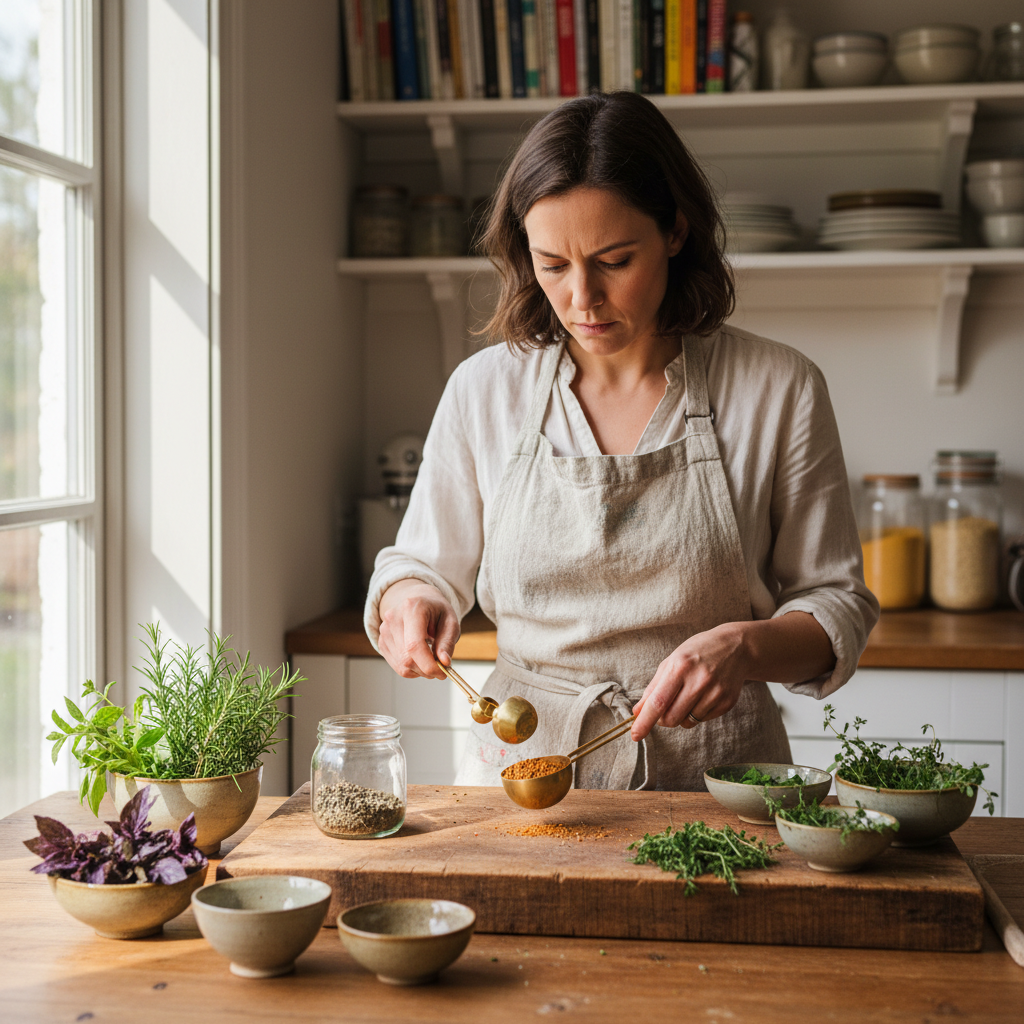 Founder Eleanor Marsh in her home kitchen, measuring ingredients on a wooden cutting board surrounded by fresh herbs and ceramic bowls