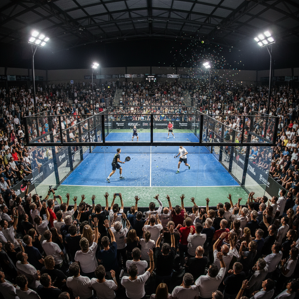 Packed padel court during league finals night, crowd pressed against the glass, floodlights blazing