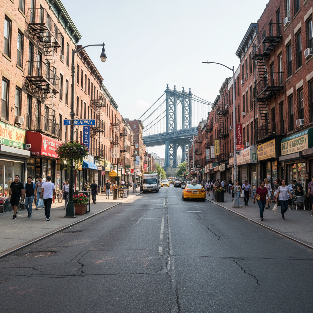 Astoria Queens neighborhood street view with shops and apartment buildings