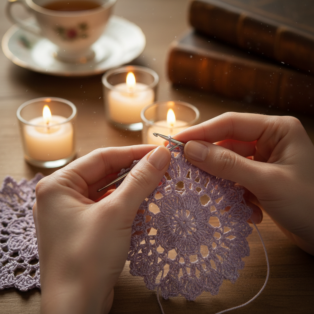 Artisan hands crocheting delicate accessories, warm golden light, cream yarn on wooden table