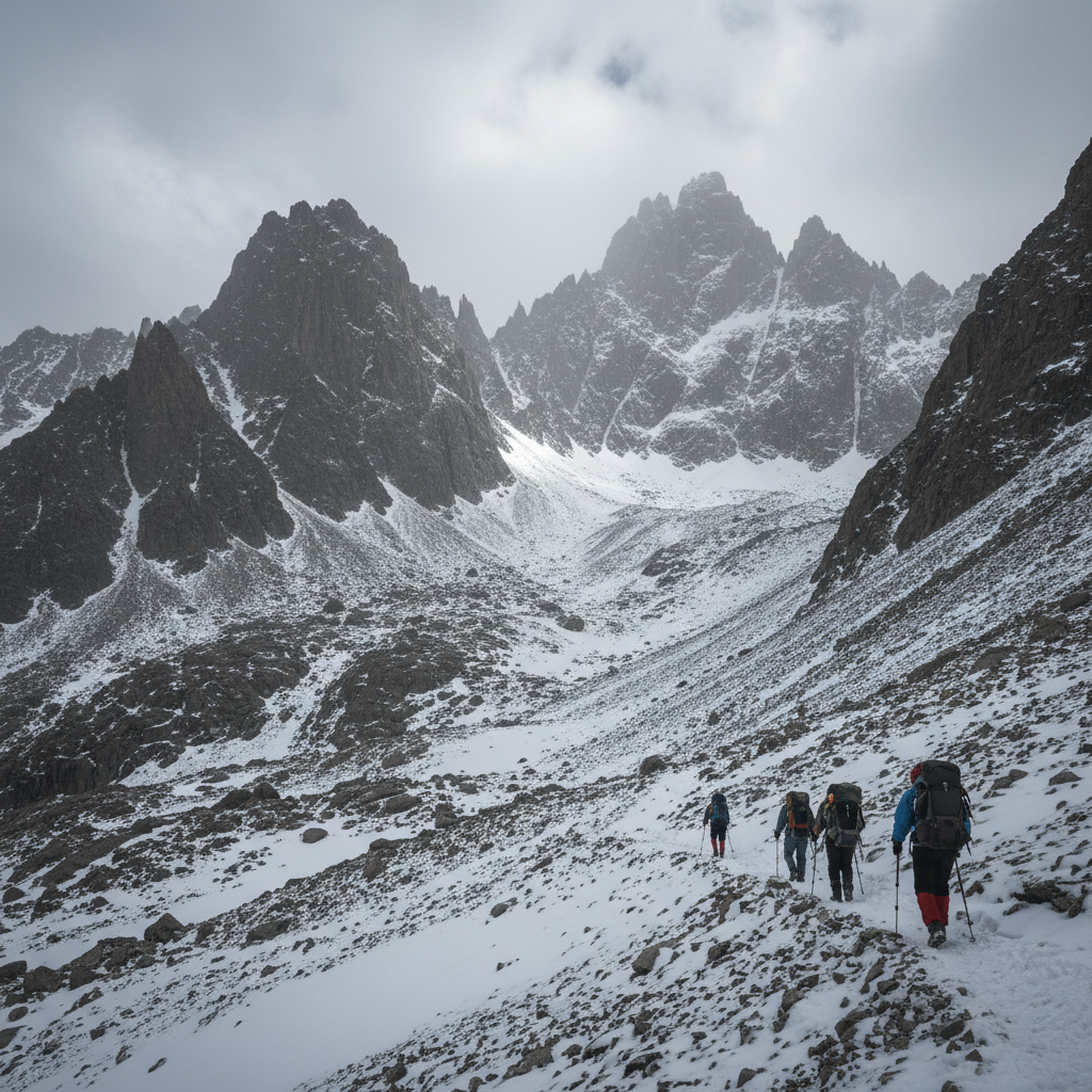 Expedition team in harsh mountain environment, distant and isolated