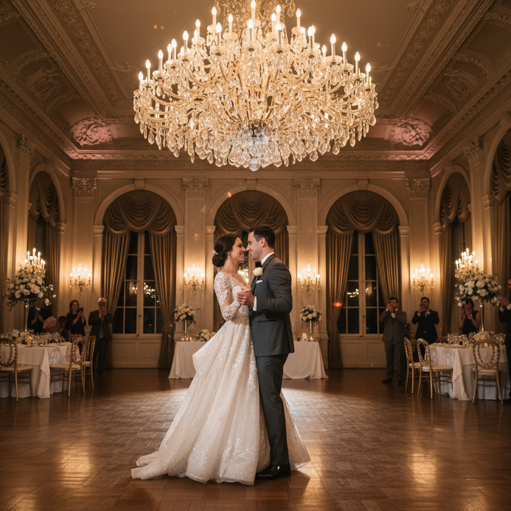 Wedding first dance under chandelier in grand ballroom