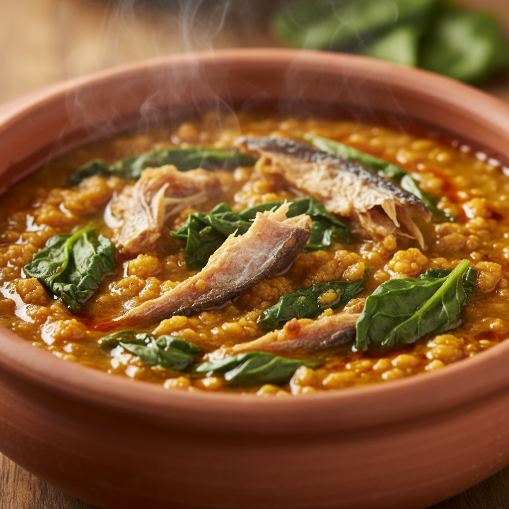 Rich amber egusi soup with assorted meats and stockfish, slow-cooked Nigerian traditional dish