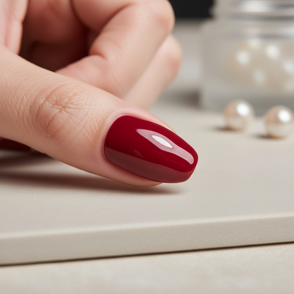 Close-up of glossy gel manicure being applied under LED lamp, vibrant color on well-shaped nails