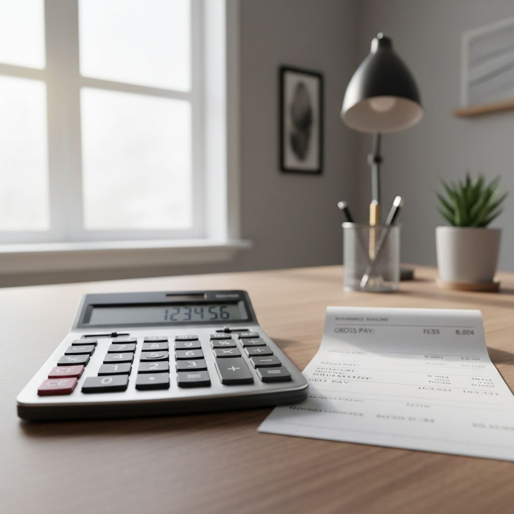 Calculator and paycheck stub on desk