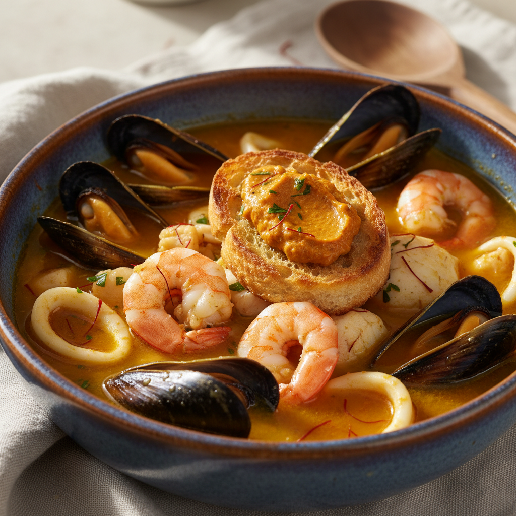 Saffron bouillabaisse in a deep ceramic bowl with seafood and rouille-topped crostini