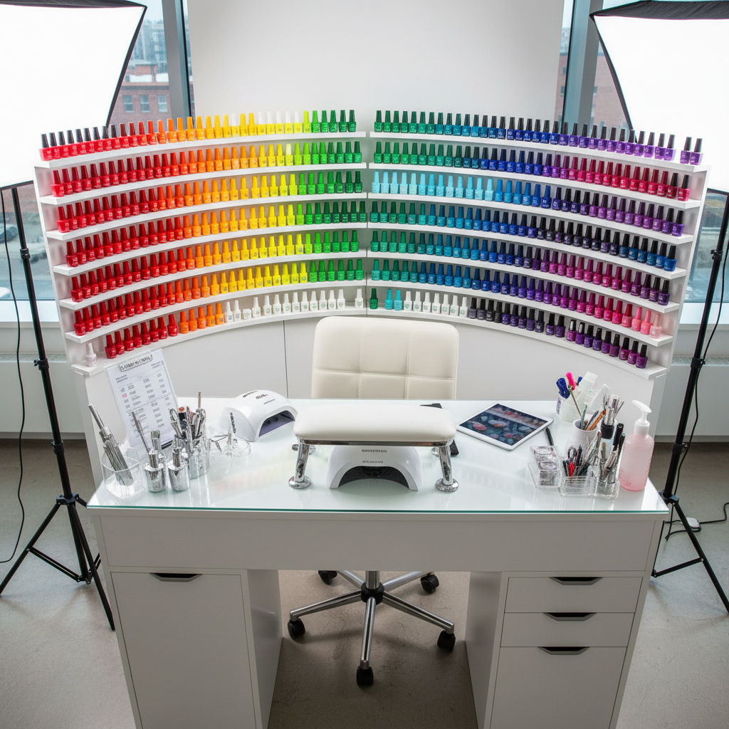 Nail technician station with gel polish collection arranged in color-coded display