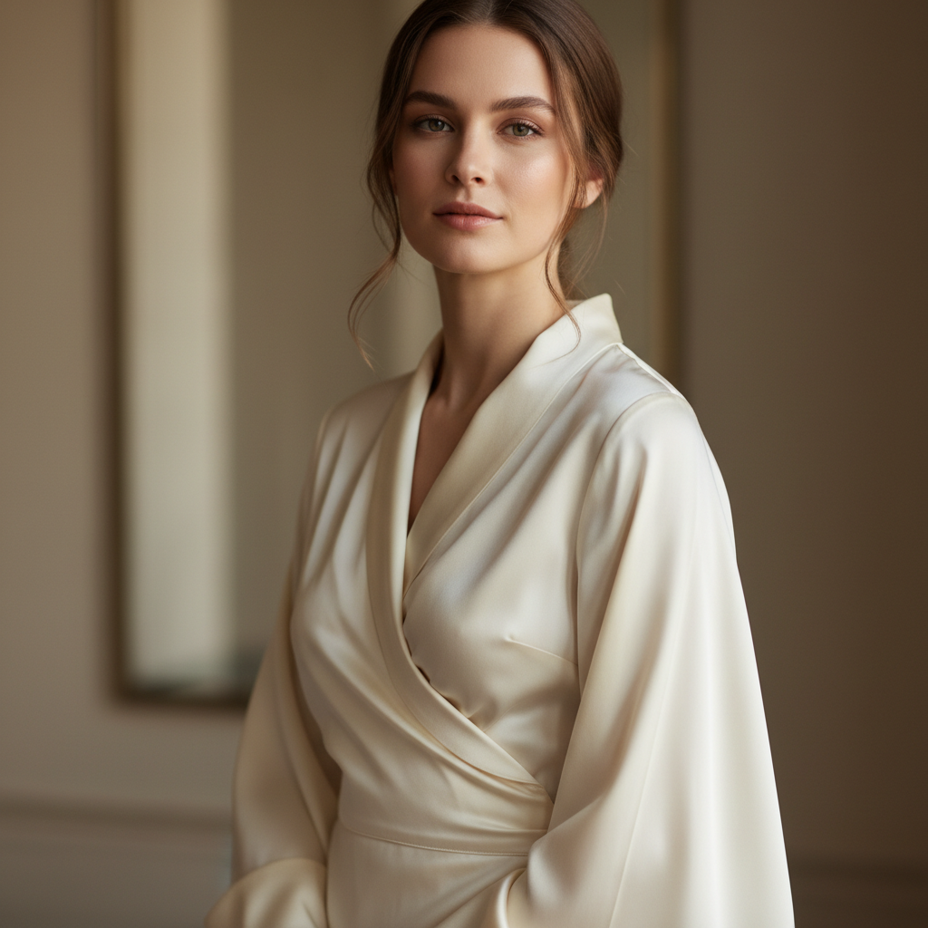 Woman wearing elegant silk blouse in neutral tones, professional yet feminine, soft natural lighting