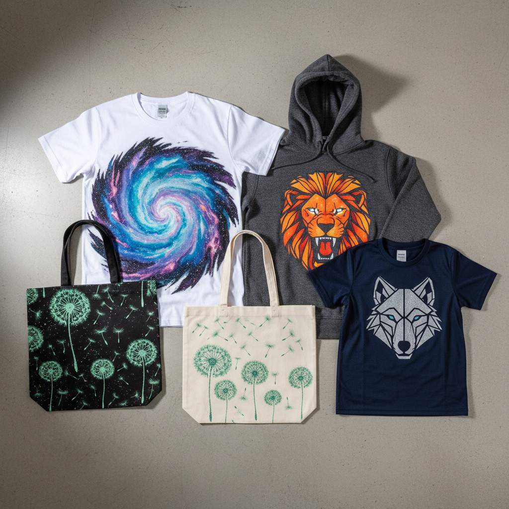 Screen printing press with vibrant ink colors on white t-shirts in a bright production facility