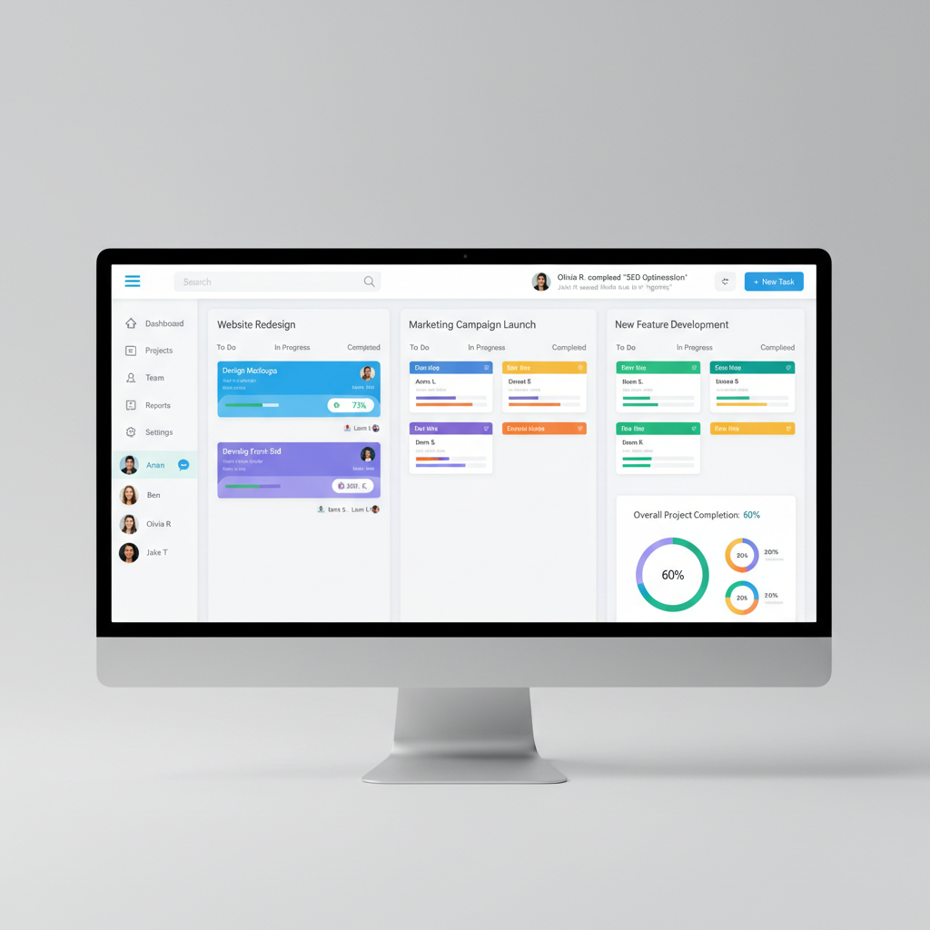 Project management interface with kanban board showing task cards in different columns on desktop screen