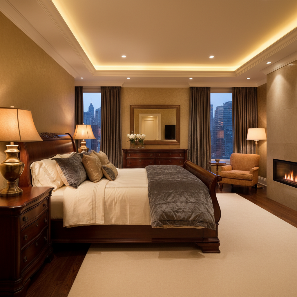Elegant master bedroom with custom wardrobe, luxury bedding, and soft ambient lighting