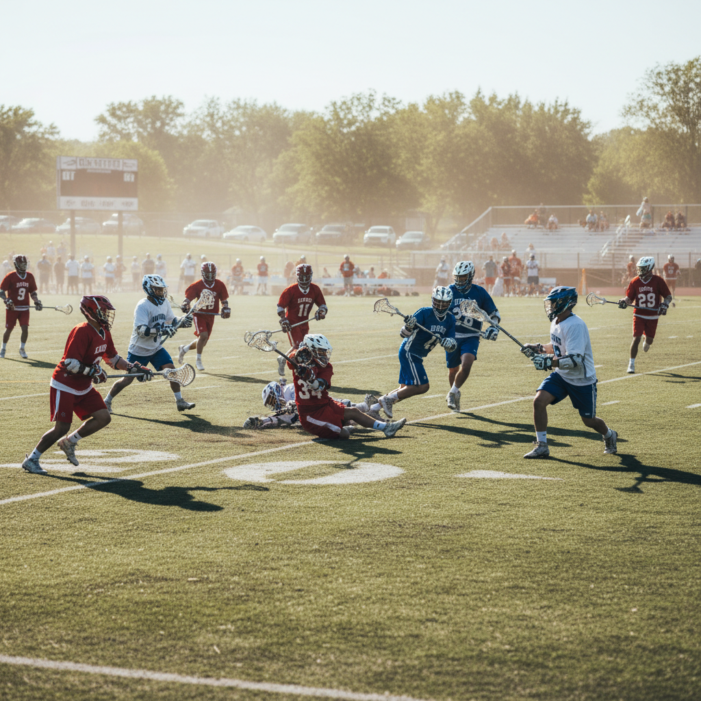 Outdoor lacrosse tournament on a sun-scorched field, heat haze visible in background, players in action