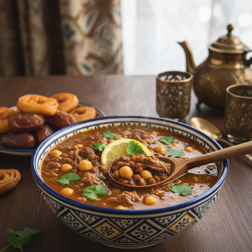 Rich red Moroccan harira soup with lentils, chickpeas, and tomatoes in traditional ceramic bowl with fresh cilantro garnish