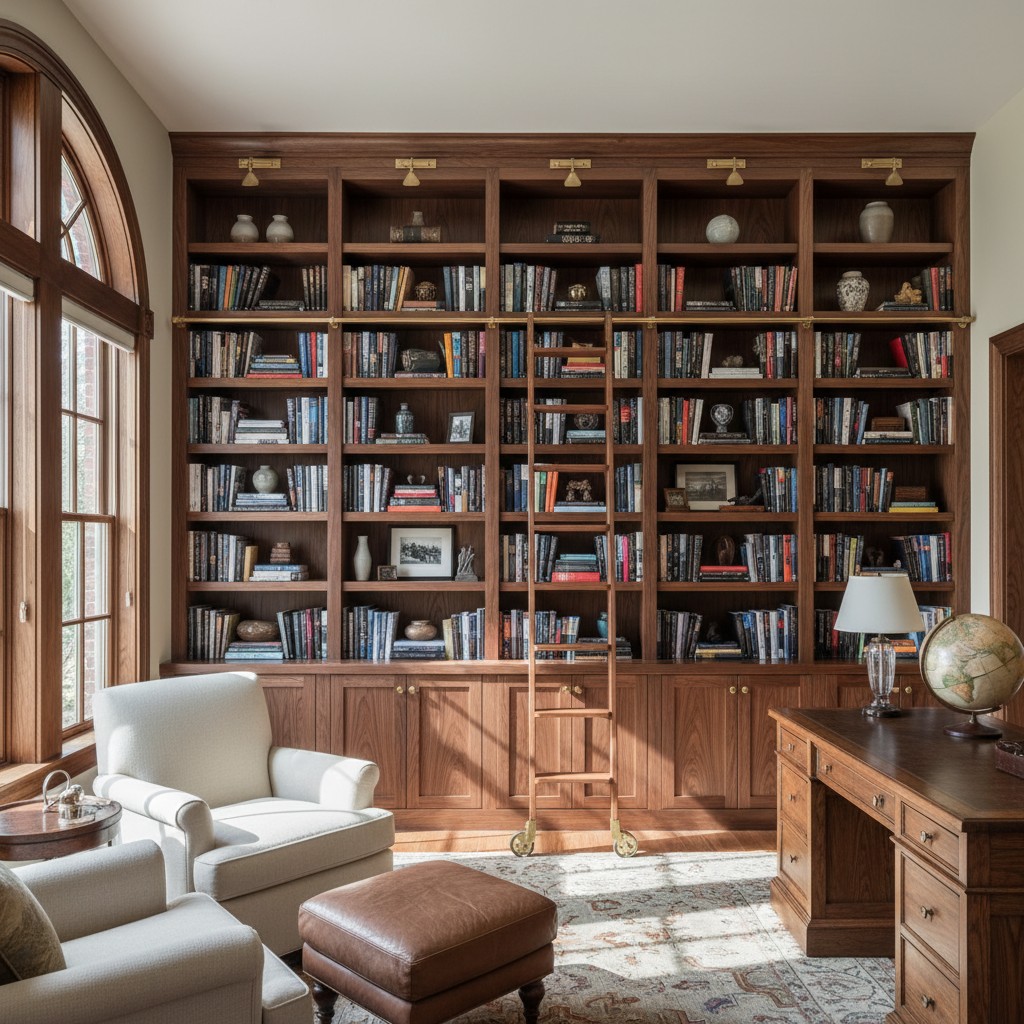 Completed custom walnut shelving installation by Darius Okafor showing floor-to-ceiling built-ins with integrated rolling library ladder in a Beacon Hill study