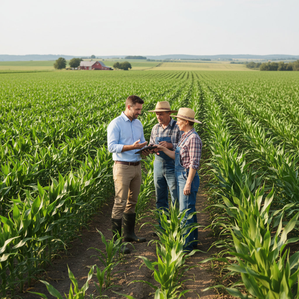 Farmer and agricultural advisor discussing crop planning in green field, bright daylight, collaborative