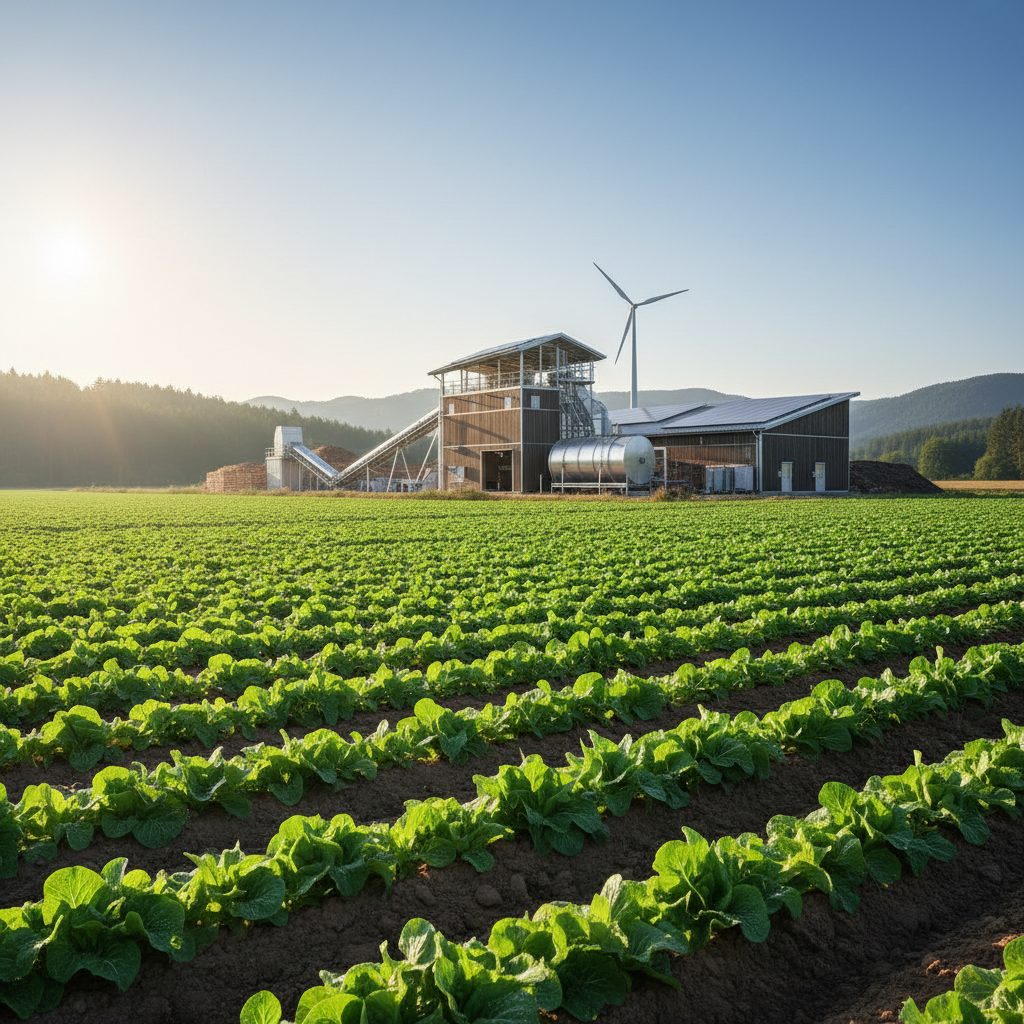 Green composting facility with organic waste piles and machinery in an open-air processing yard
