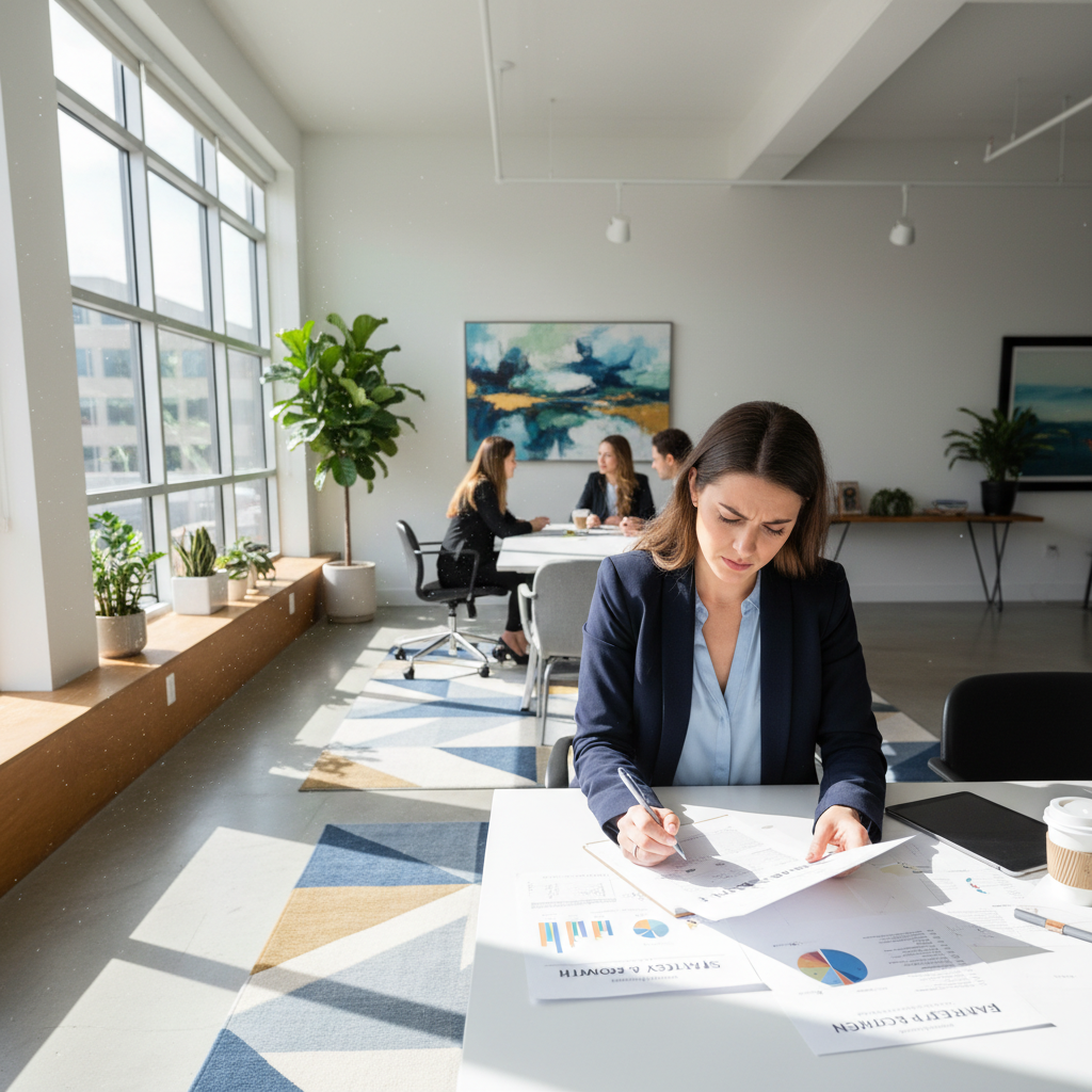 Entrepreneur reviewing printed business plan documents at a bright modern desk