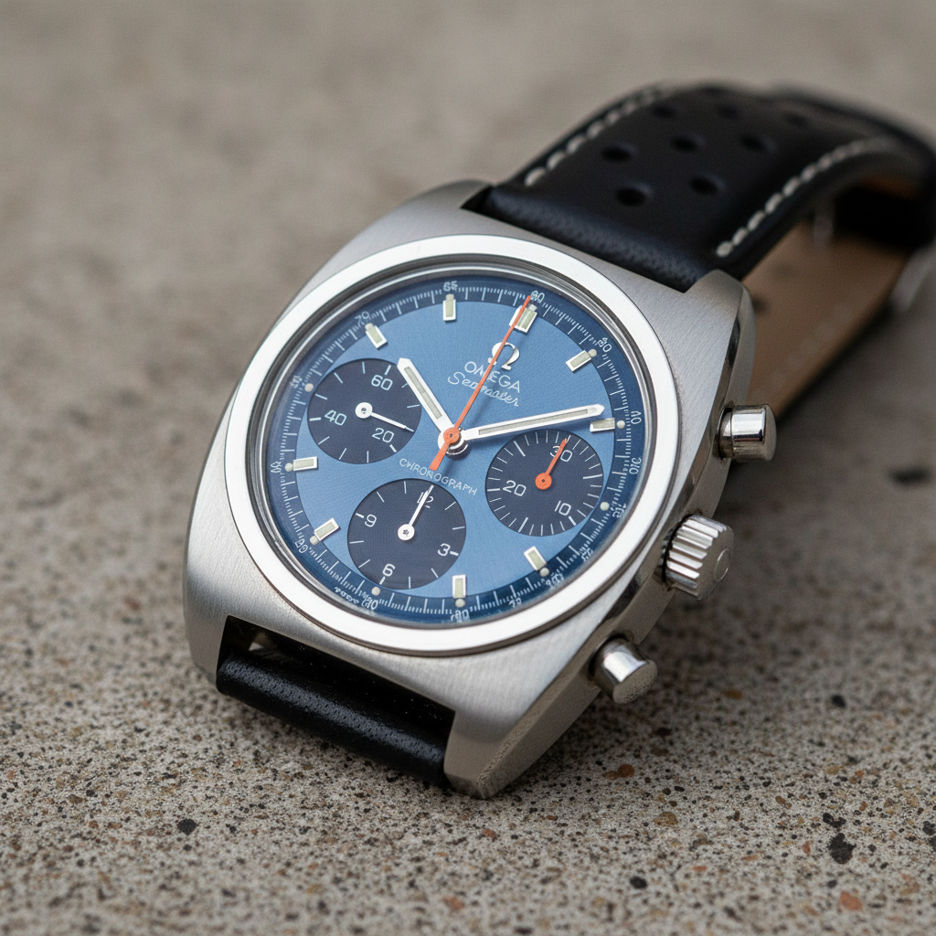 Omega Seamaster Bullhead chronograph from 1970 with top crown position and cushion case