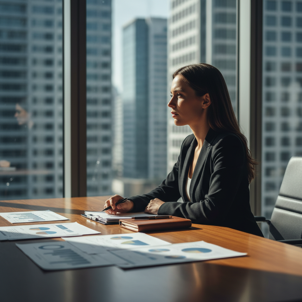 Finance professional in office setting, face partially shadowed, looking toward window with papers on desk