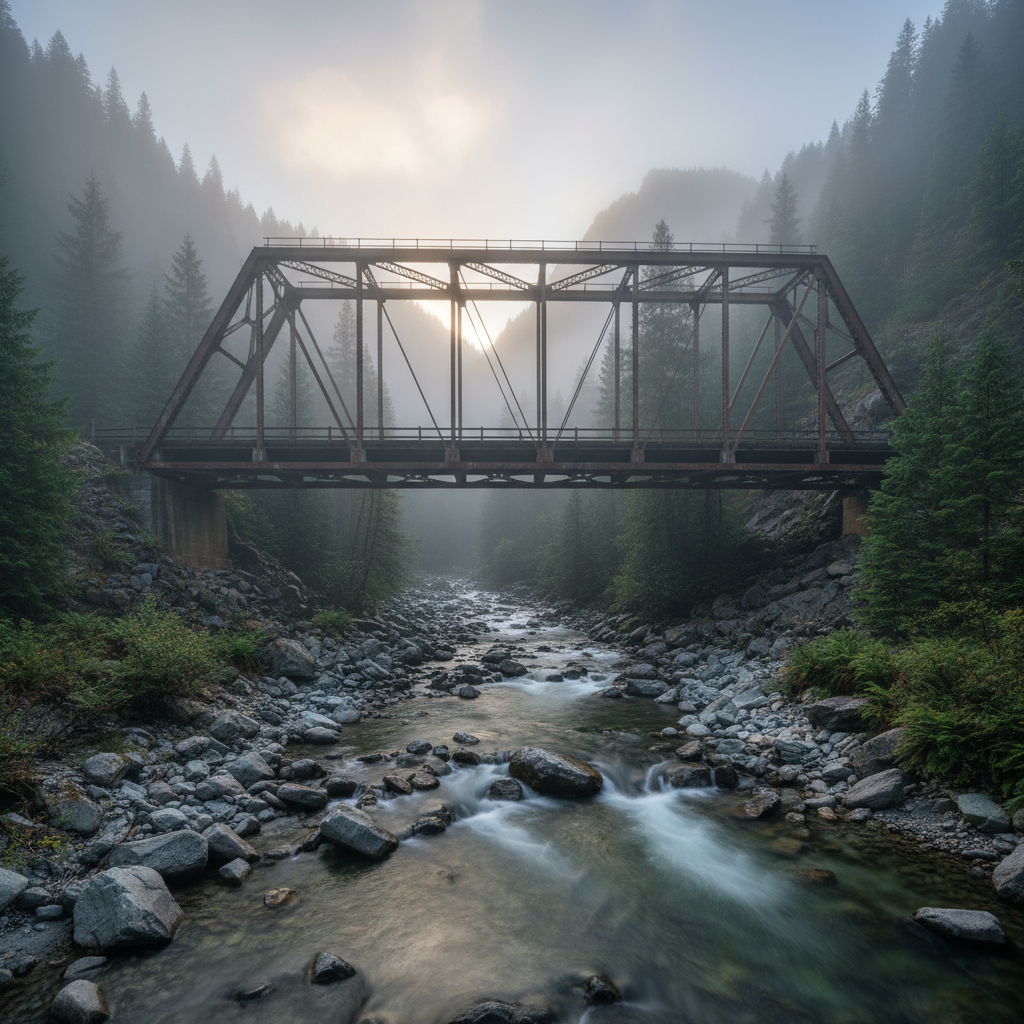Steel bridge over a mountain creek in Appalachia, early morning fog rising from the valley below