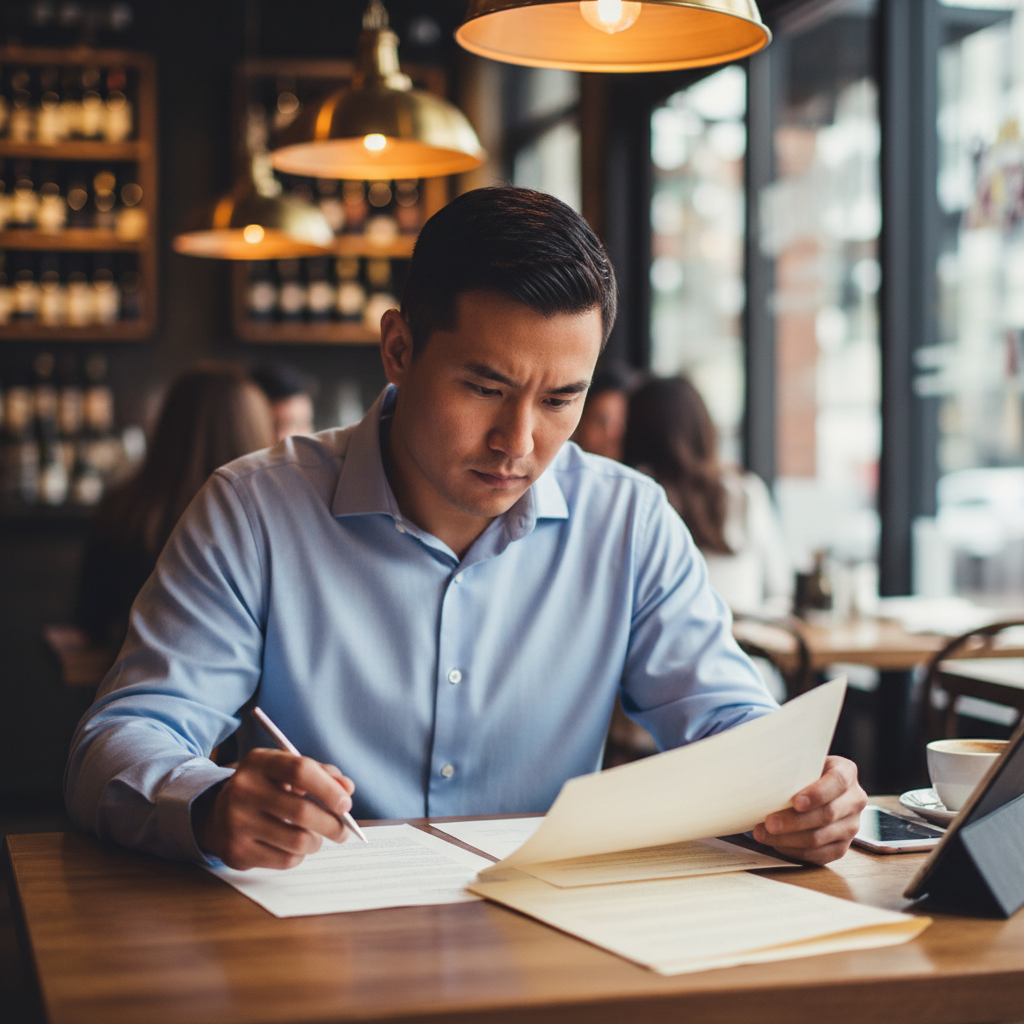 David Chen, Asian American man in collared shirt reviewing documents at restaurant table