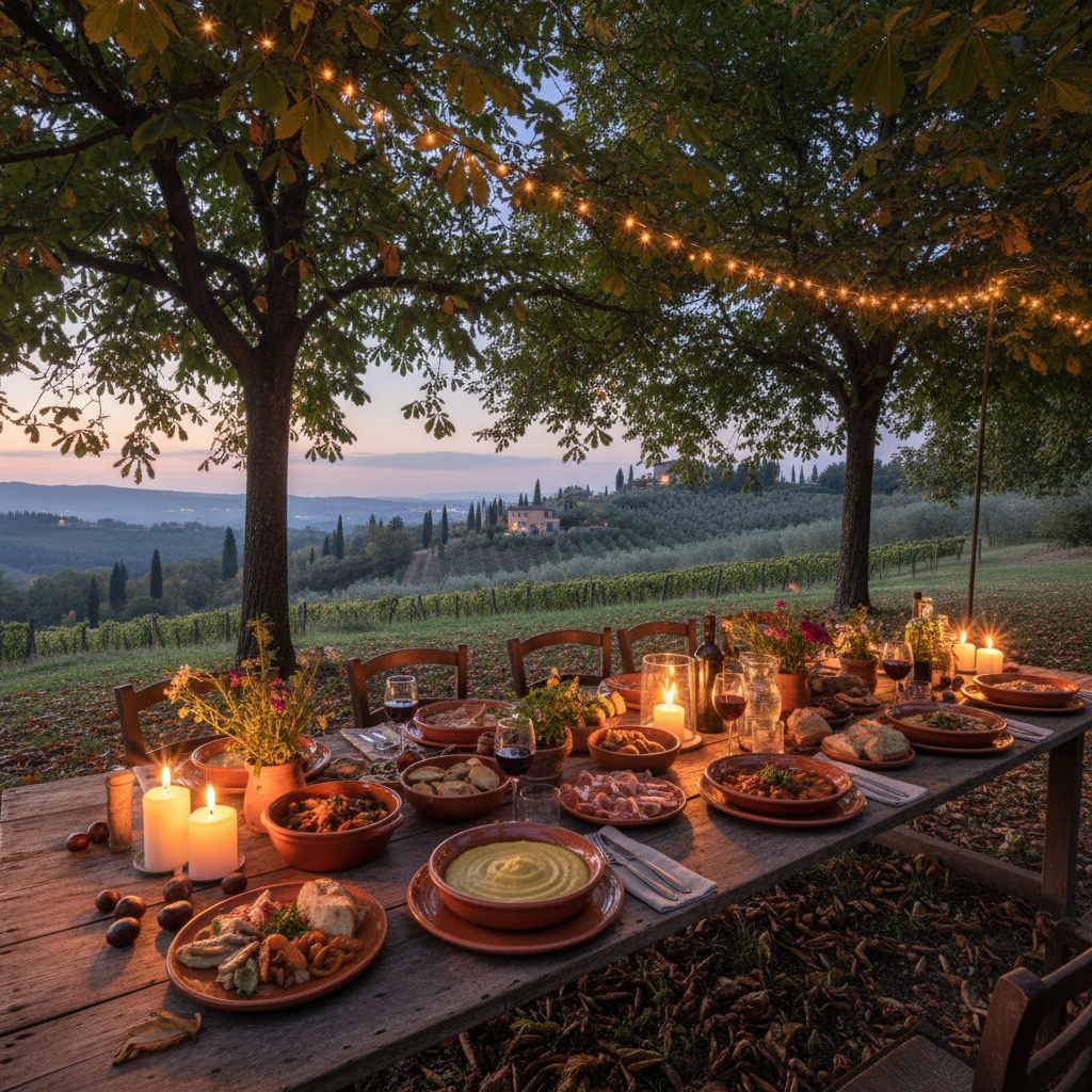 Périgord farmhouse table with duck confit, truffles, and walnut oil in rustic ceramic vessels, golden candlelight, deep warm shadows