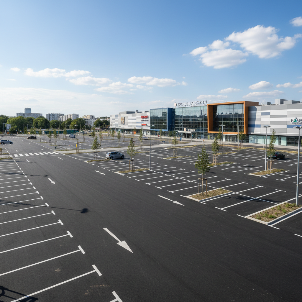 Weitläufige Retail-Parkfläche in Berlin-Spandau nach Overlay-Sanierung, frische Markierungen, Einkaufszentrum im Hintergrund