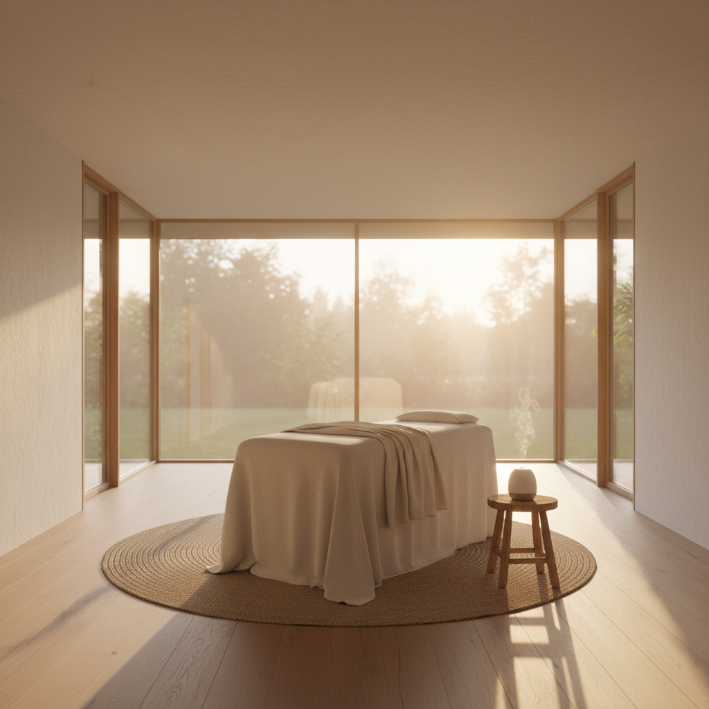 Bright morning light streaming through tall windows in a minimalist room, warm golden tones, clean open space, airy and uplifting atmosphere