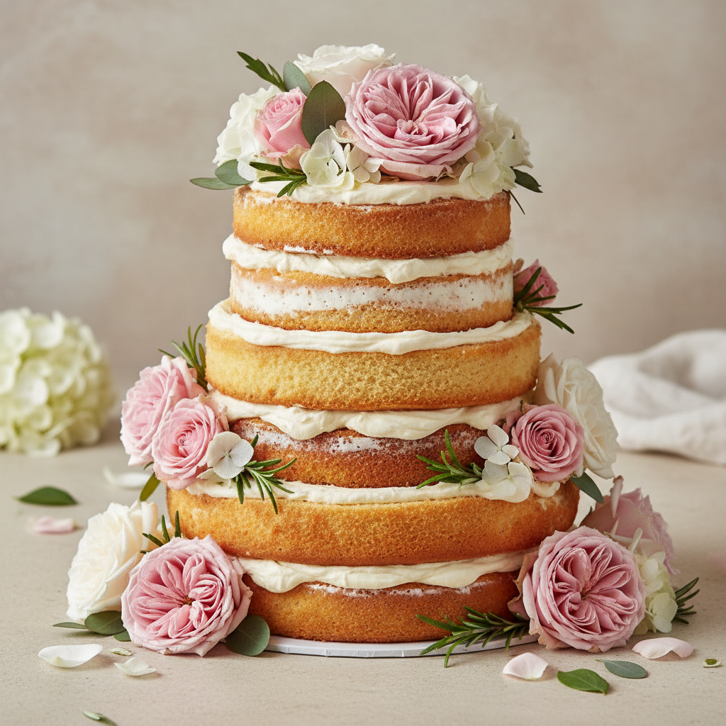 Close-up of candied carrot curls and edible flowers on naked cake top