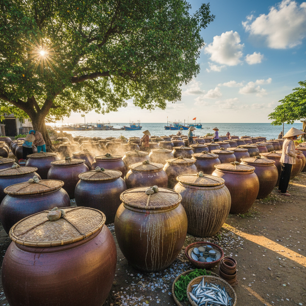 Traditional Vietnamese fermented fish sauce mam in clay pots in a coastal courtyard