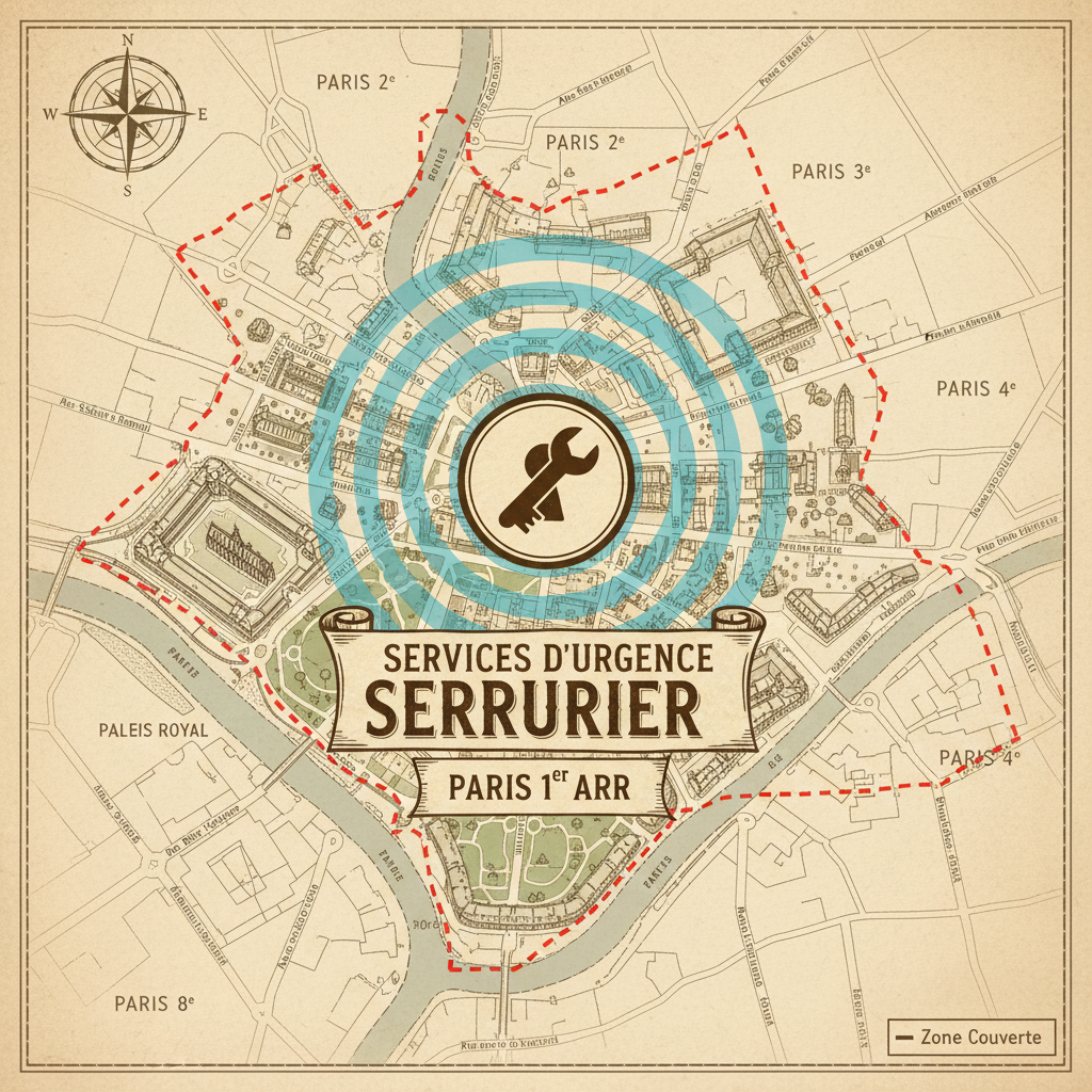 Carte du 1er arrondissement de Paris montrant la zone de couverture du service de serrurerie d'urgence
