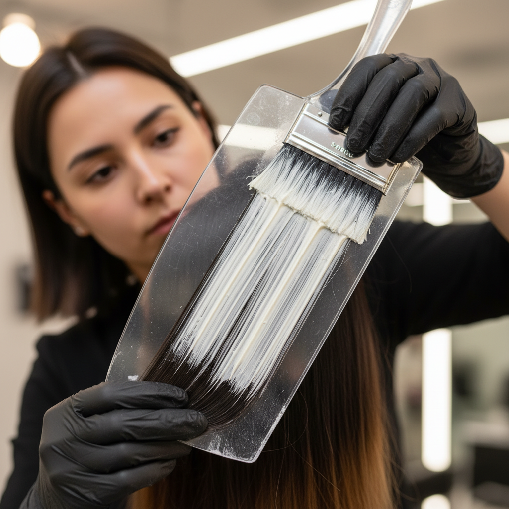 Colorist mid-stroke applying balayage lightener through dark-rooted hair section, paddle angled at 45 degrees, studio light catching the creamy lightener