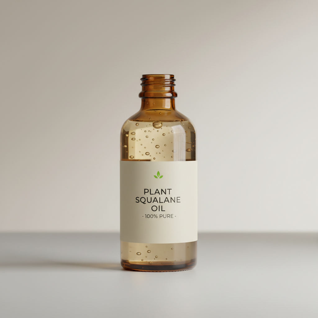Luxury skincare ingredient, botanical oil in amber glass, dark background, warm golden atmospheric light
