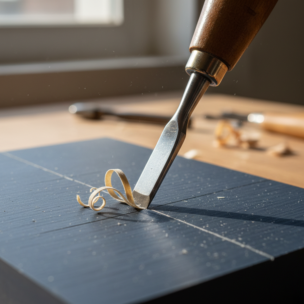 Close-up of carving gouge cutting into linoleum surface, fine curls of material peeling away, shallow depth of field