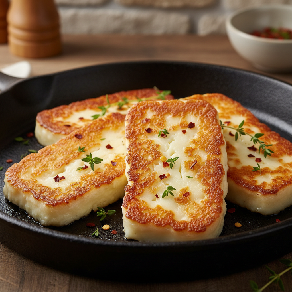 Golden seared halloumi cheese slices on a cast iron pan with crispy edges