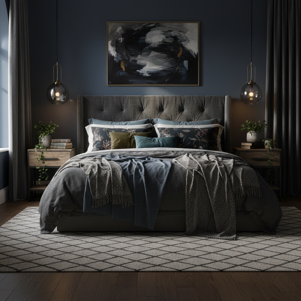 Moody master bedroom with layered bedding and bedside pendants