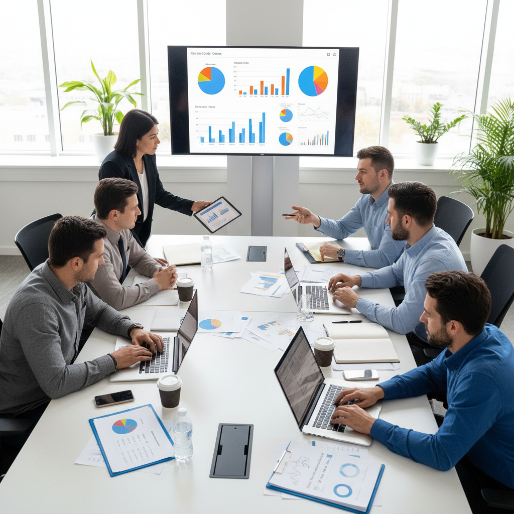 Modern advertising agency team in a bright Cambridge office, collaborative workspace with large monitors showing campaign analytics
