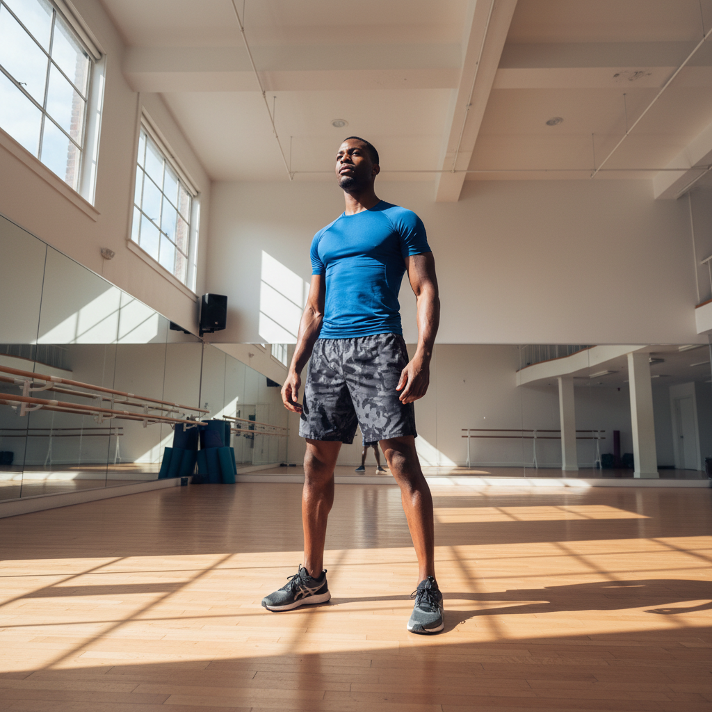 Mr. Deon, Black man in athletic wear, confident stance in dance studio