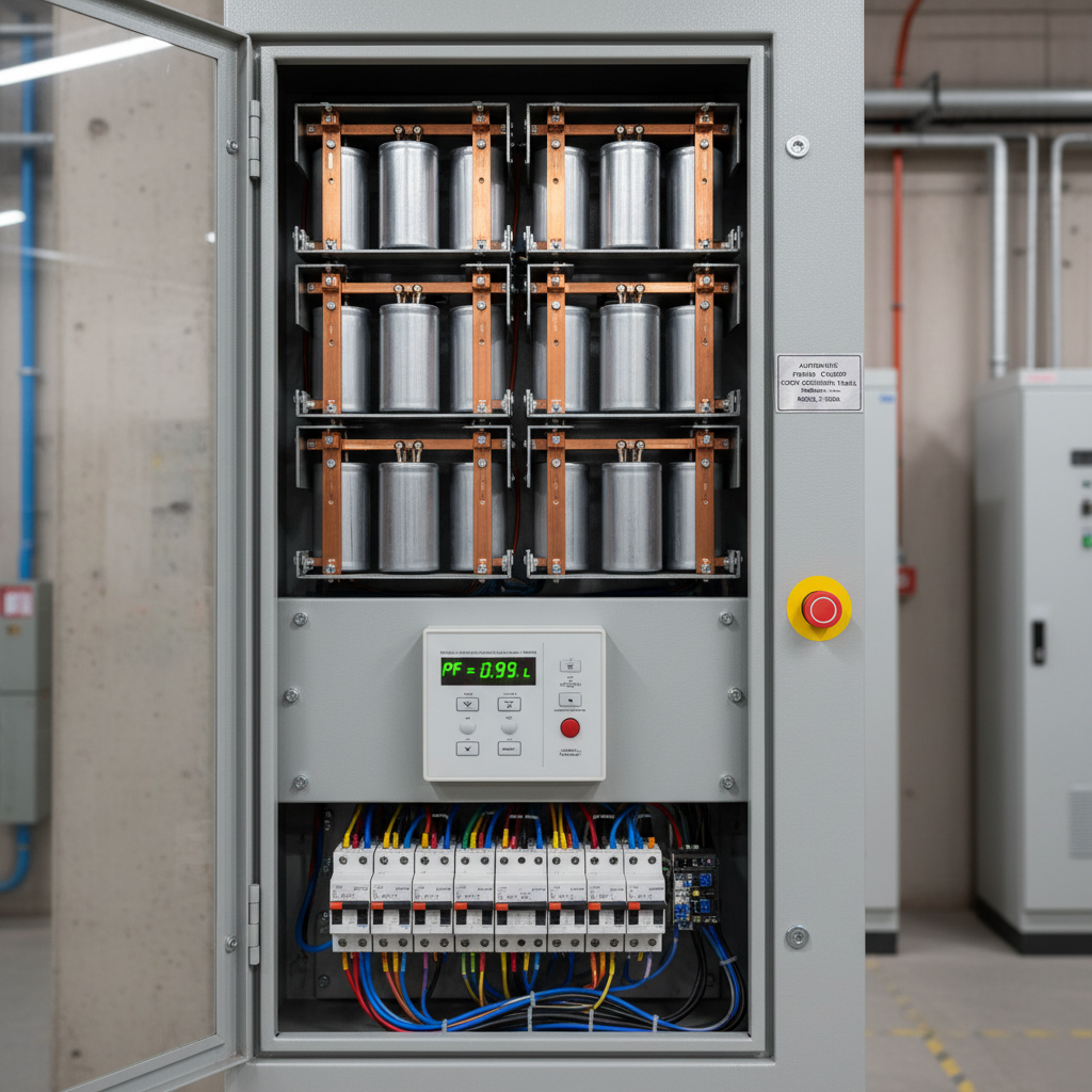 APFC automatic power factor correction panel with capacitor banks in factory