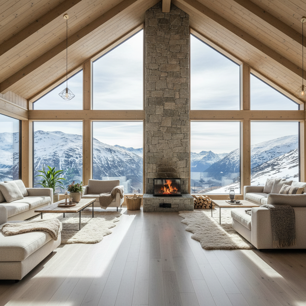 Transformed Geilo cabin with white oak floors, high vaulted ceiling, new stone fireplace, and panoramic mountain windows