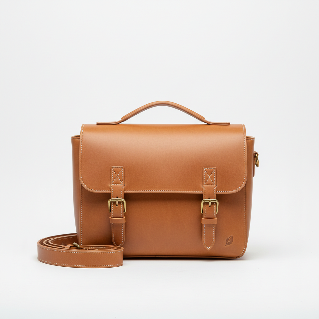 Closed tan leather changing bag on white surface