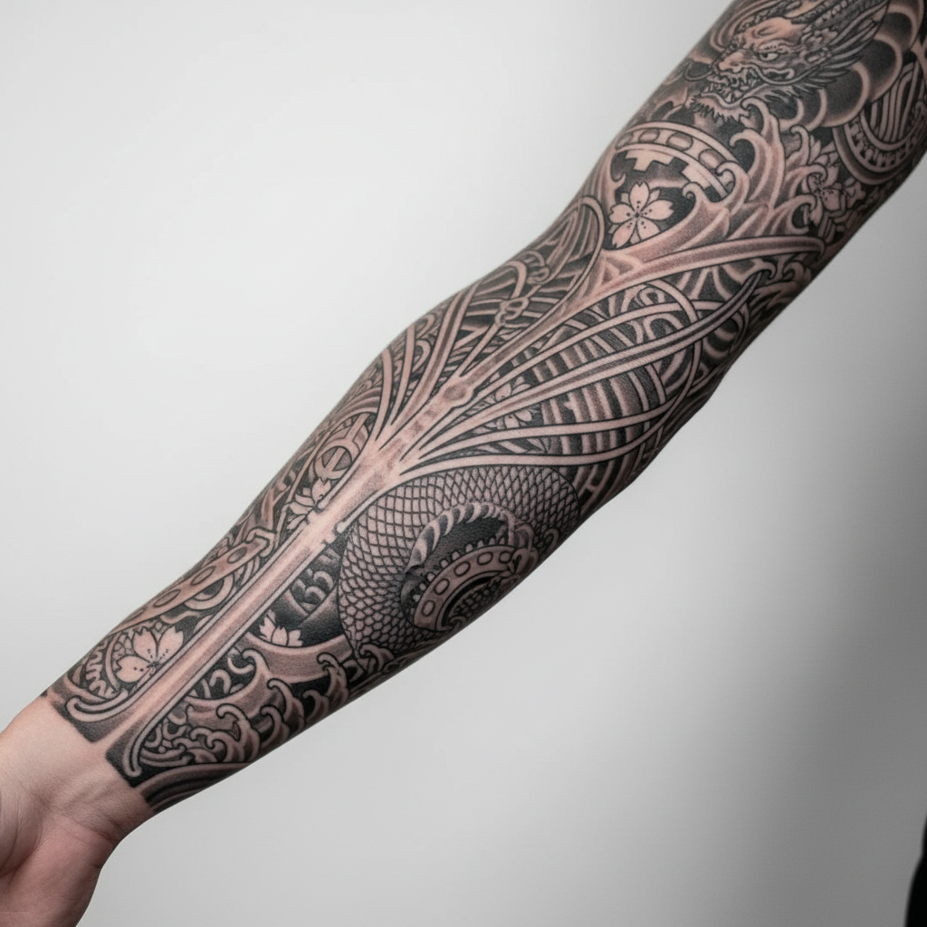 Black and white portrait of healed full sleeve tattoo on outstretched arm against white studio wall